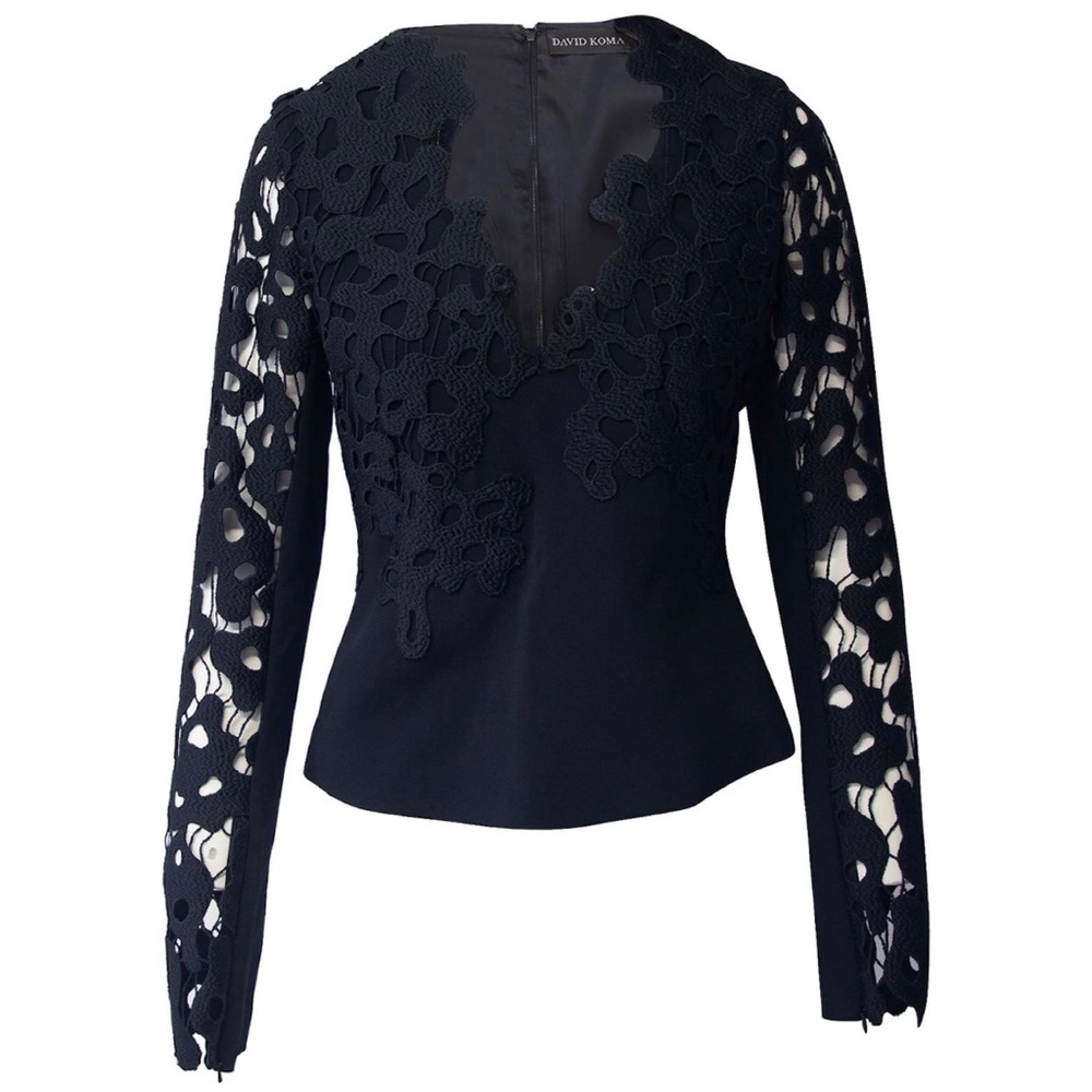 David Koma Long Sleeve Lace Top in Black Acetate